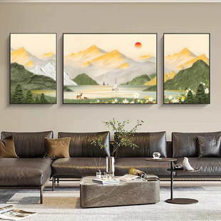 装饰画日照金山客厅奶油风沙发背景墙挂画山水风景三联画高档壁画-阿里巴巴