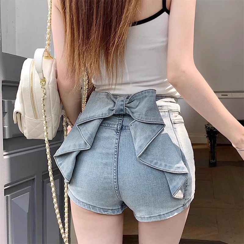 小个子设计感立体蝴蝶结牛仔短裤女夏季减龄高腰显瘦辣妹包臀热裤|undefined