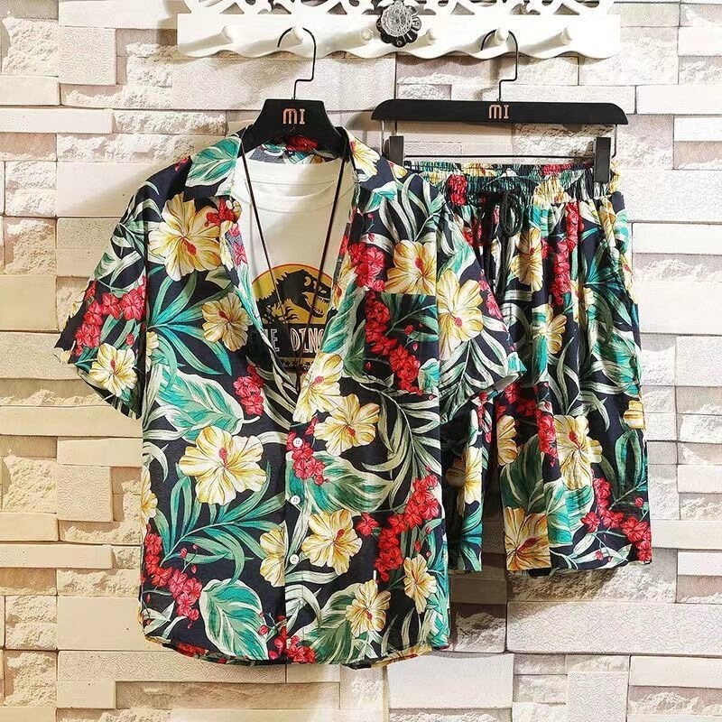 2025 Casual Hawaiian Shirt Shorts Summer Trendy Short Sleeve Japanese Style Street Seaside Couple Beach Suit Men 2025 Casual Hawaiian Shirt Shorts Summer Trendy Short Sleeve Japanese Style Street Seaside Couple Beach Suit Men