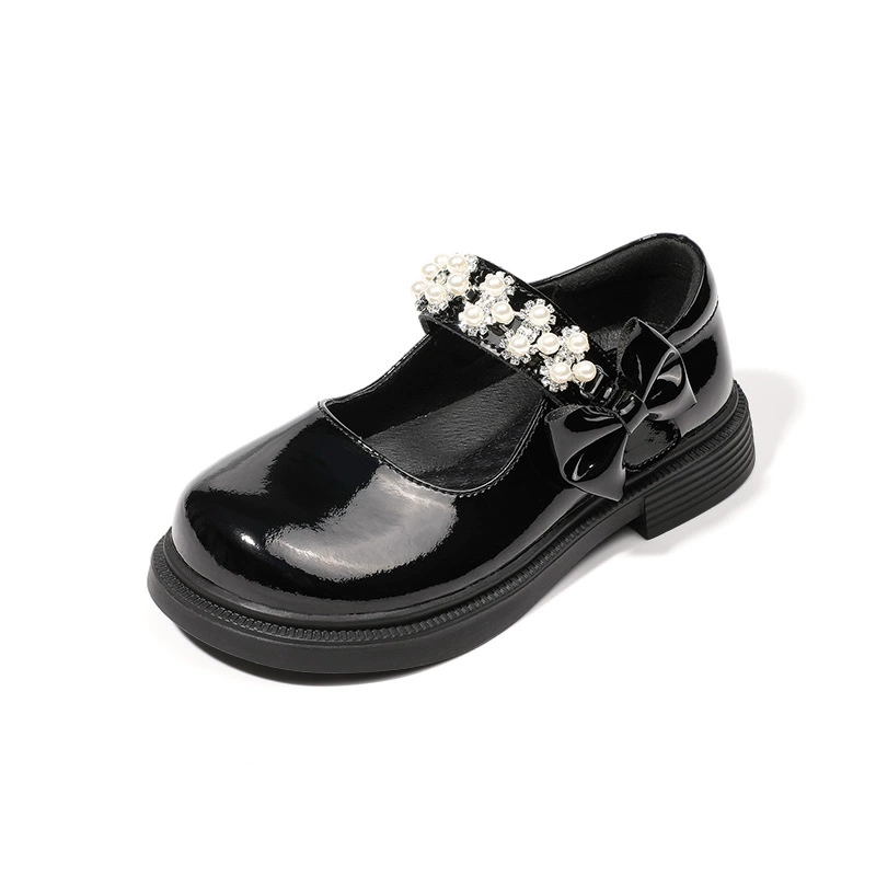 Новые черные кожаные туфли для девочек, блестящие туфли для выступлений, кампусные туфли, бантики, нескользящие, износостойкие, мягкая подошва, доставка на липучке.