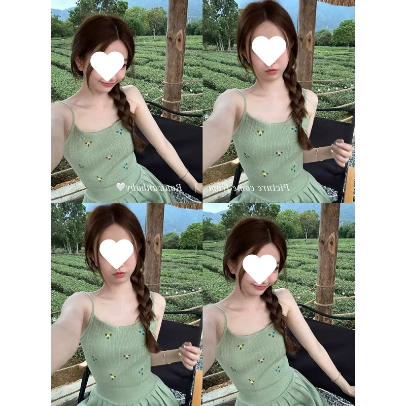 小清新刺绣花花针织百褶吊带连衣裙女甜美小个子高腰显瘦A字短裙|undefined