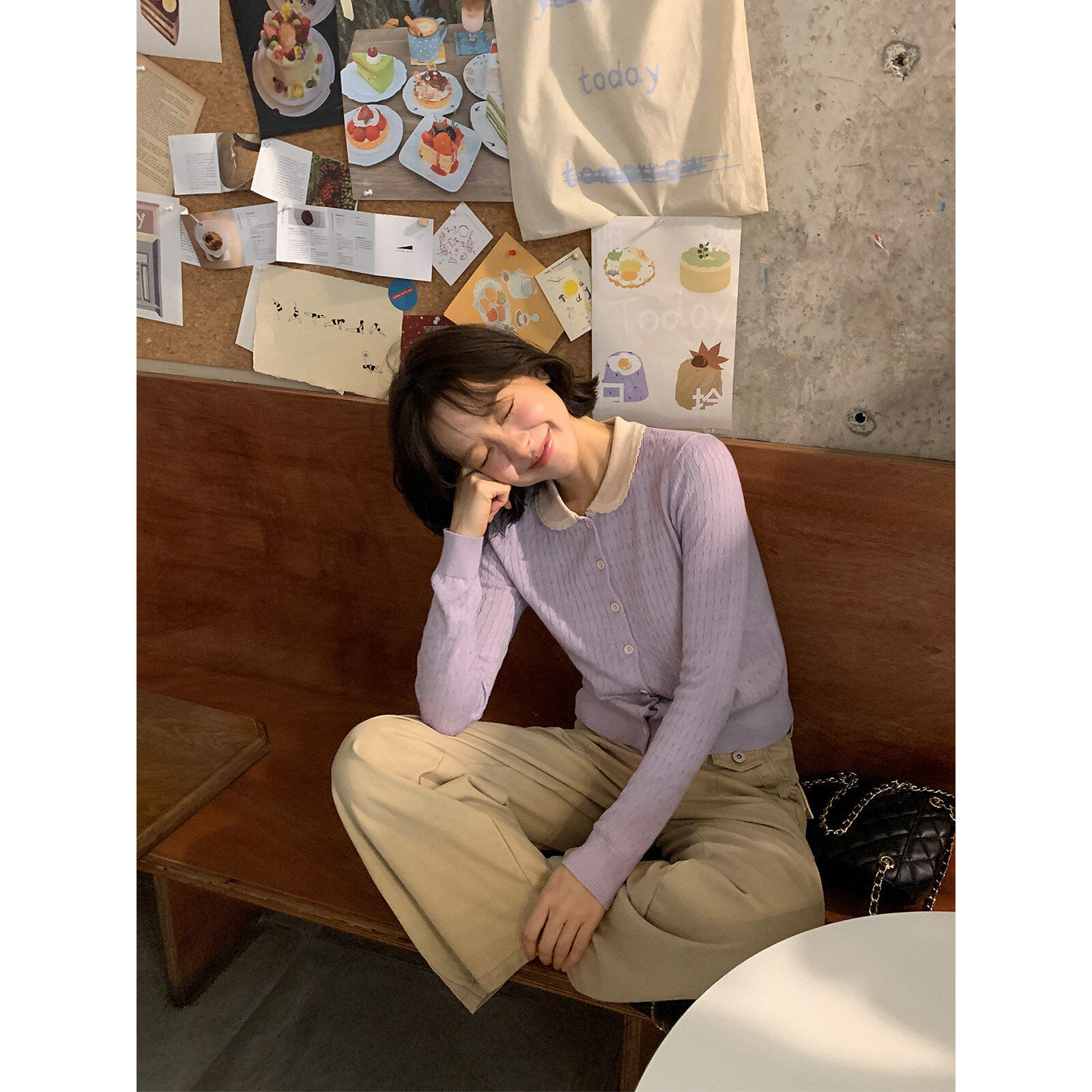 撞色翻领麻花纽扣针织开衫女秋冬韩系甜美少系温柔上衣