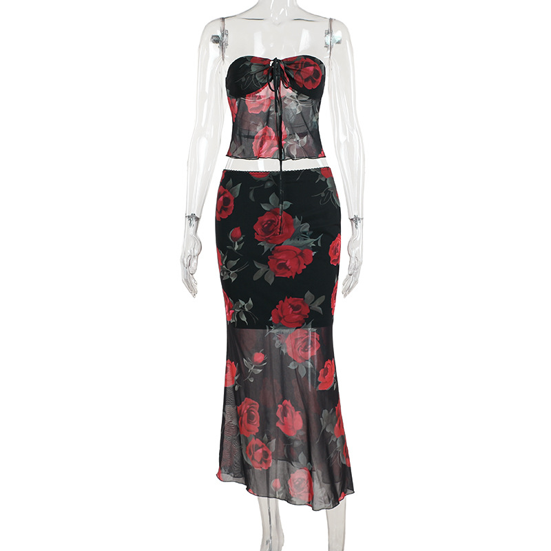 Mesh Printed Tube Top Mid Length Skirt Set Women Summer Slim Fit Women Clothing