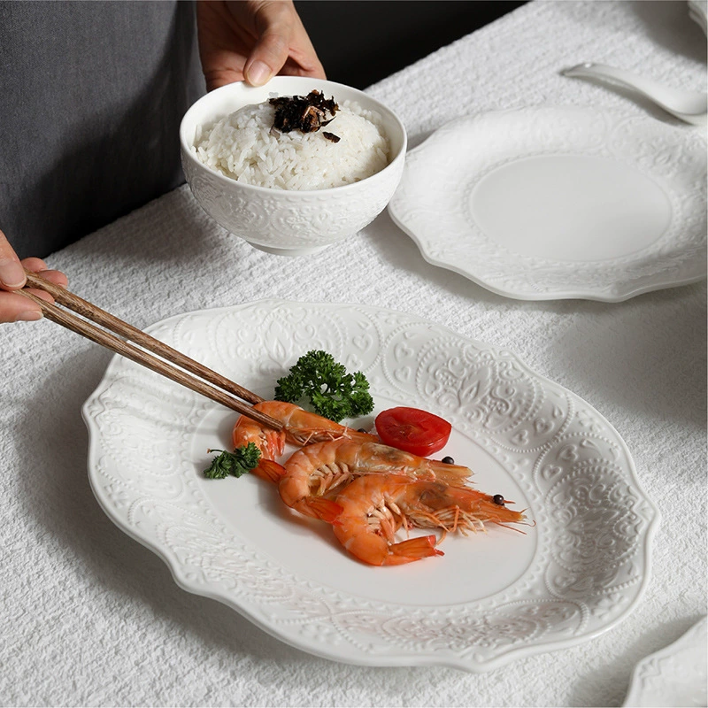 Ceramic Tableware Set (Alice) — Relief Carving, Solid White Western Dinnerware, Multi-Piece Options