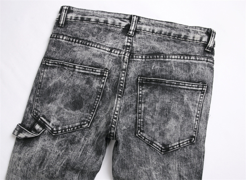 Jeans elasticizzati slim fit da uomo, primavera 2025, pantaloni alla moda con lavorazione pesante e strass a vita media, lunghi in cotone, neri, grigi e blu_voghion.com