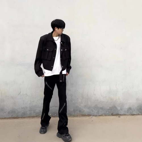Dark micro-trumpet black jeans, multi-zipper design, men and women's loose pants, American high street vibe style