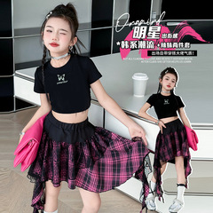 女童夏裝套裝2024新款女孩短袖裙子兩件套兒童六一演出服潮酷穿搭
