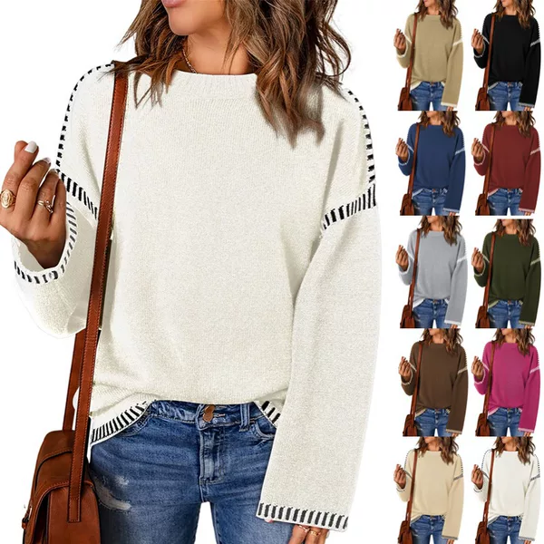 2025 Cross-Border Autumn and Winter Women's Sweater Pure Color Round Neck Loose Long-Sleeved Contrast Cable Knitted Pullover Sweater Top