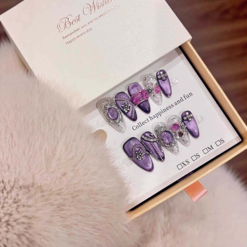 Purple Sparkling Cat-Eye Style Wearable Nails, Purely Handmade, Detachable, Everyday High-End Nail Art, Wearable Nail Pieces