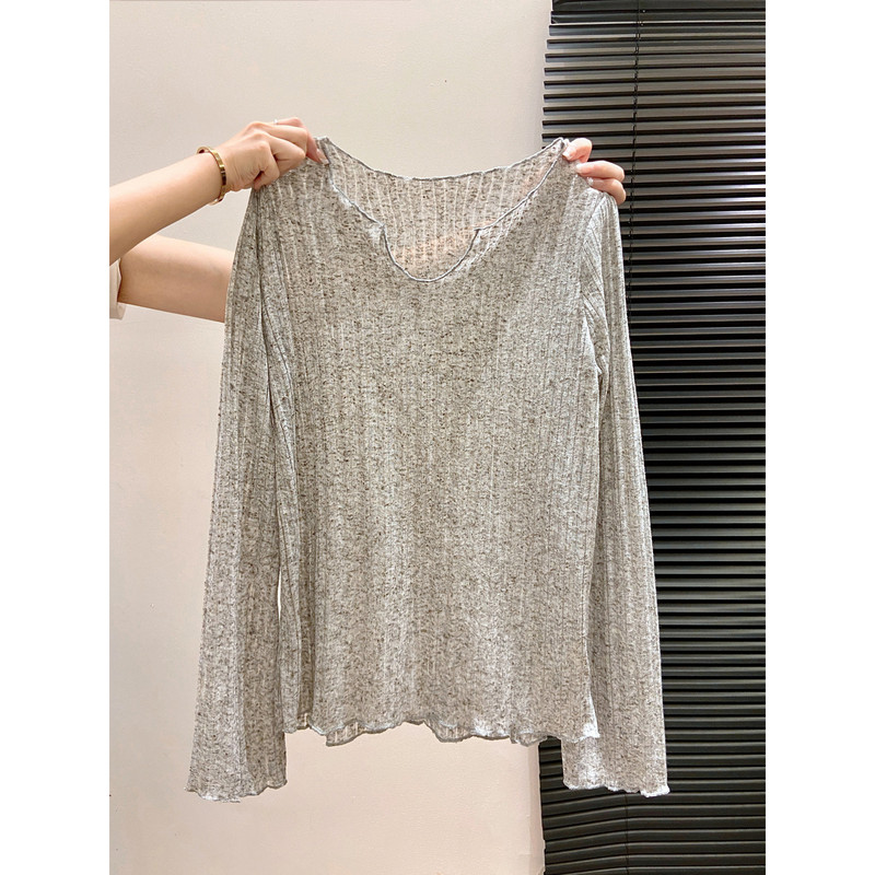 Thin Semi-Sheer Long-Sleeve Sun-Protective Blouse for Women, Summer Loose Textured T-Shirt with Ruffled V-Neck, Age-Reducing Base Top Thin Semi-Sheer Long-Sleeve Sun-Protective Blouse for Women, Summer Loose Textured T-Shirt with Ruffled V-Neck, Age-Reducing Base Top