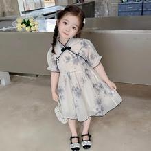 女童短袖连衣裙2025夏季新款古风汉服水墨画女宝盘扣纱裙中小童