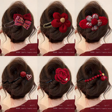 红色花朵扭扭夹发夹女后脑勺2025新款感一字夹子发卡秋冬头饰