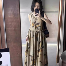 2024夏季新品松烟苏木文艺调植物印花树叶无袖背心裙女连体裙