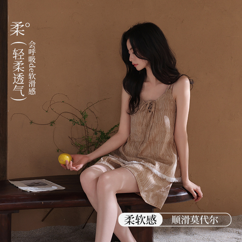 [Super Soft] New Style Pajamas with Chest Pad Women's Summer Sling Modal High-end Sense plus size Home Clothes suit