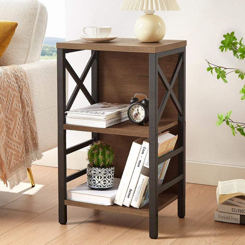 Small Bookcase, Metal Frame 3-Tier Rustic Brown Low Bookshelf for Small Spaces, Living Room, Bedroom
