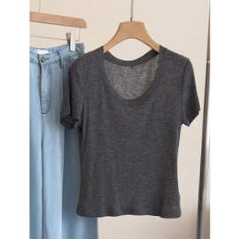 真心好看显年轻！自留~灰色天丝羊毛薄款T恤上衣女圆领修身短袖衬