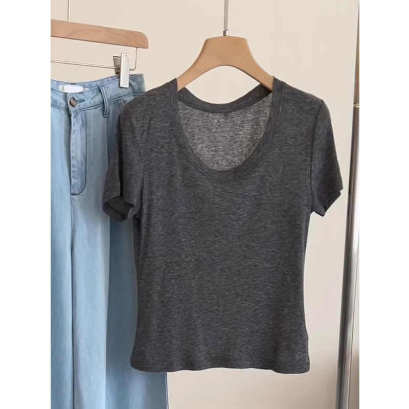 Really good-looking young! Self-retaining ~ Grey Tencel Wool Thin T-shirt Top Women's Round Neck Slim-fit Short-sleeve Lining