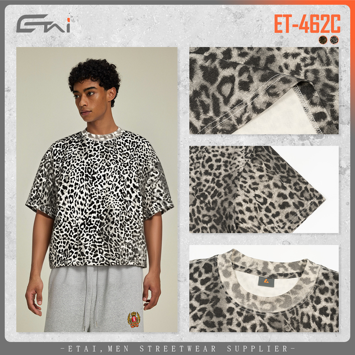 Verano nueva marca de moda impresa leopardo camiseta de manga corta hombre corto suelto ropa de hombre adolescente hombro de cuello redondo manga corta