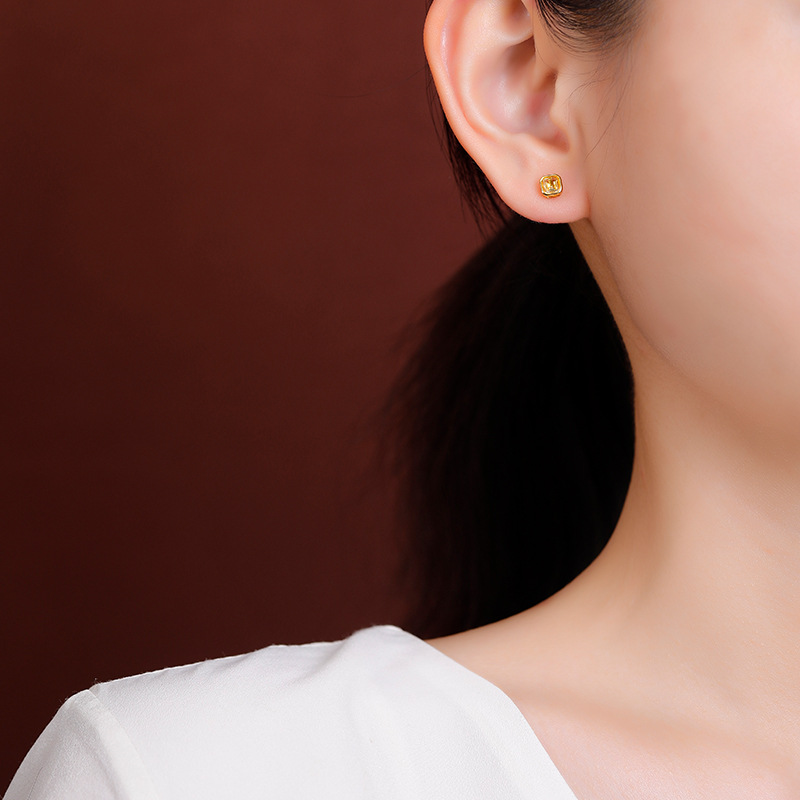Bông tai bạc S925 mạ vàng đính đá thạch anh tím mặt cắt vuông — Kiểu citrine màu vàng