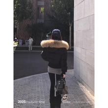 现货SUNONENE 黑色白鸭绒毛领羽绒服女冬季短款韩系加厚保暖外套