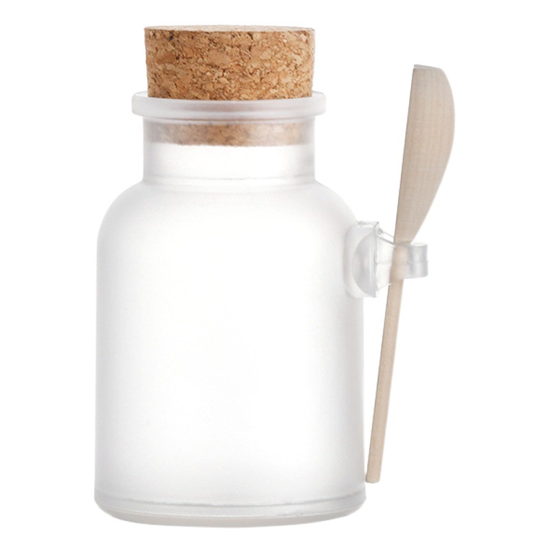 100G 200 300ml ABS esmerilado botella de sal de baño botella de plástico tapa de corcho cuchara de madera máscara de crema en polvo caja