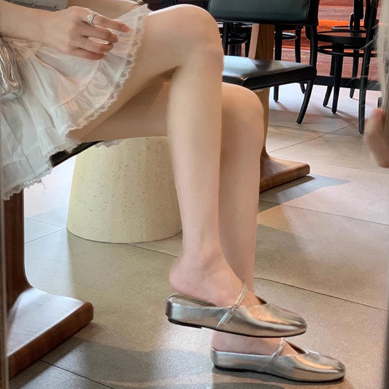 [in stock] Empty Baotou Half Slippers after silver Women's Summer Outer Wear Mueller Shoes Single Shoes Inner Height Increase Mary Jane Sandals