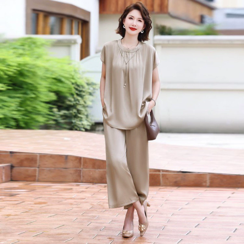 Summer clothing, short sleeve T-shirt, capacious set for elderly, with short sleeve, western style, for middle age, plus size