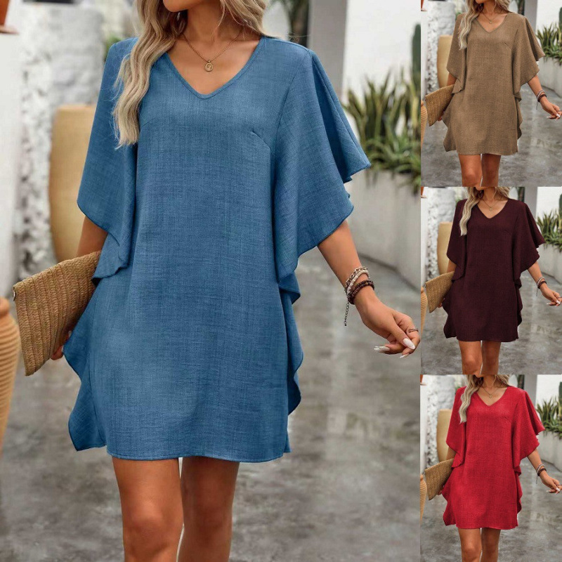 2026 European and American cross-border women's clothing Amazon independent site summer solid color loose ruffled elegant V-neck dress 2026 European and American cross-border women's clothing Amazon independent site summer solid color loose ruffled elegant V-neck dress