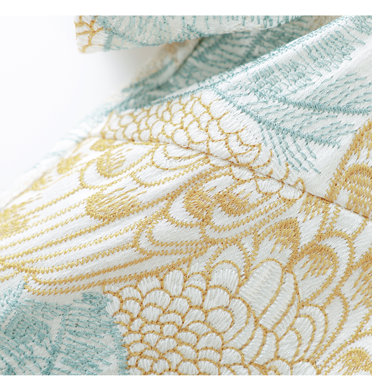 Đầm suông nữ midi dệt satin thêu jacquard tay ngắn — xanh lam chi tiết 19