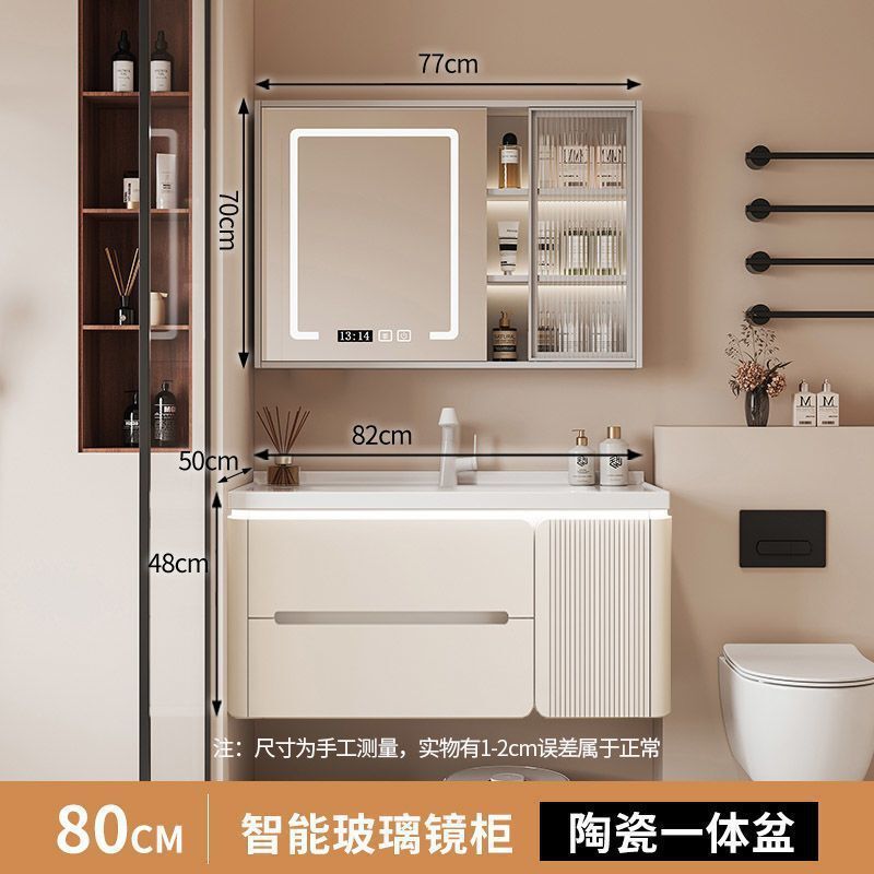 クリーム風水バスルームキャビネット洗面台オーク塗装セラミック一体型洗面台シンプルなバスルームキャビネット洗面台ライト高級なし|undefined