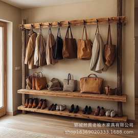 老榆木衣架入户玄关衣帽收纳架鞋柜实木挂衣架民宿酒店原木衣帽架