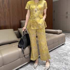 跨境5夏季新女士新中式风黄色套装盘洋气时髦衣裤子两件套图片