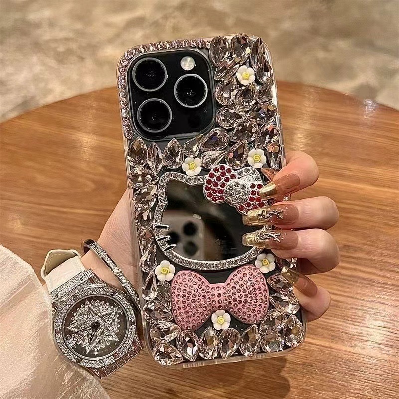 Suitable for Samsung S25Ultra Mobile Phone Case Full Diamond Cat Mirror Bow S25/S24/S23P Fashion Protective Cover