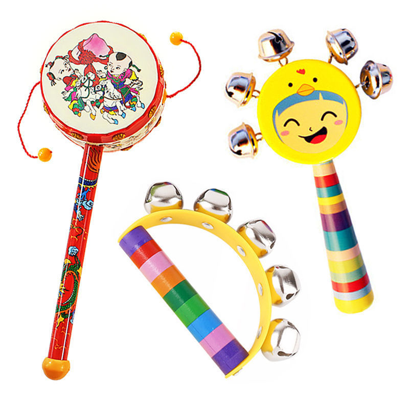 Peace drum + hand bell + smiley face rattle (colors random)