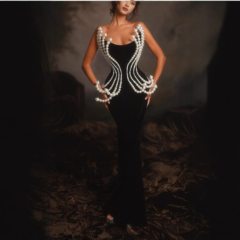 2025 European and American Cross-Border Hot Style Work Clothing Dinner Pearl Concave and Convex Stereo Shape Bandage Dress