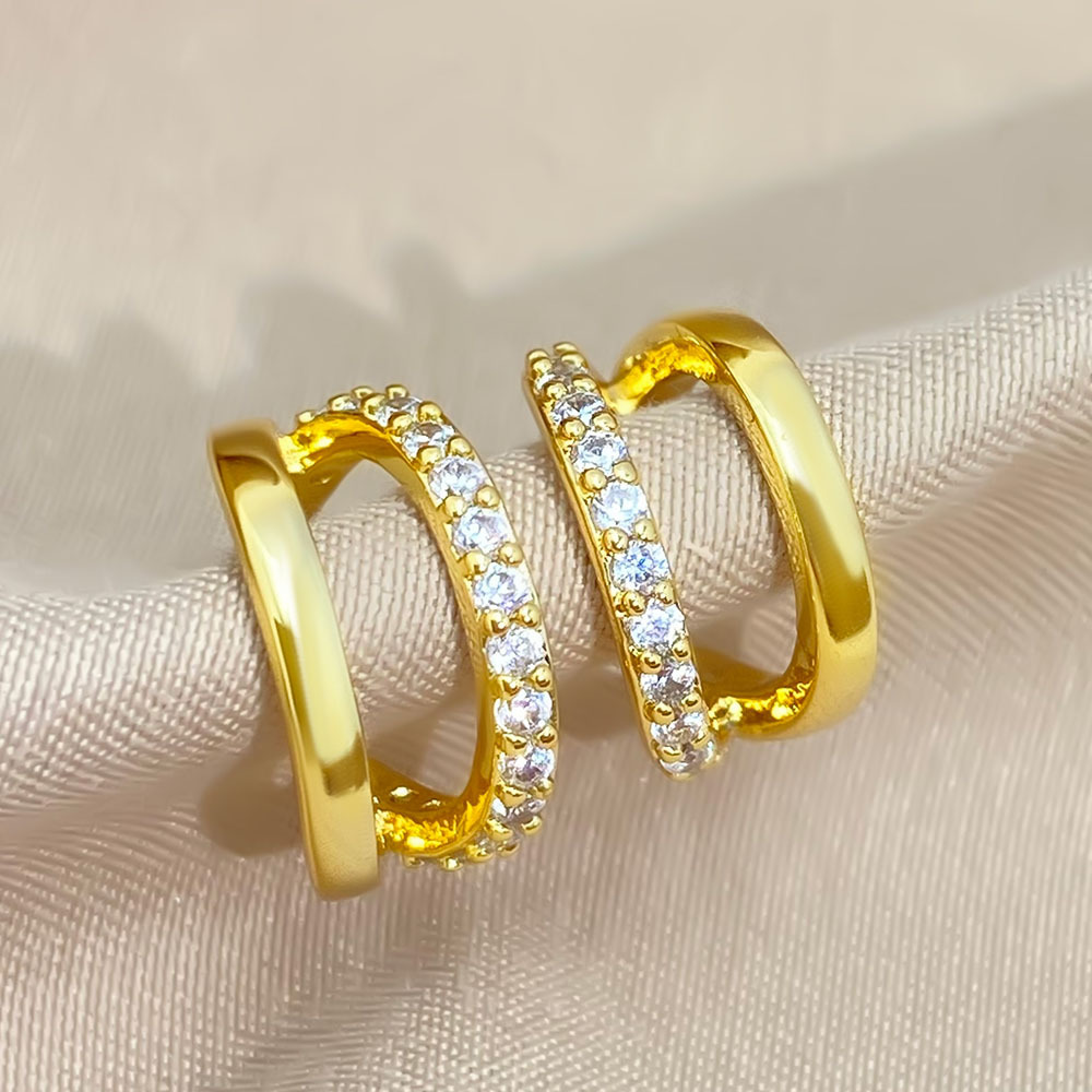欧美铜镀金镶锆石双层耳夹C型耳扣女ins风耳饰设计时尚耳环新款