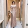 Starry sky, evening dress for bride, nail sequins, Korean style, square neckline, with short sleeve