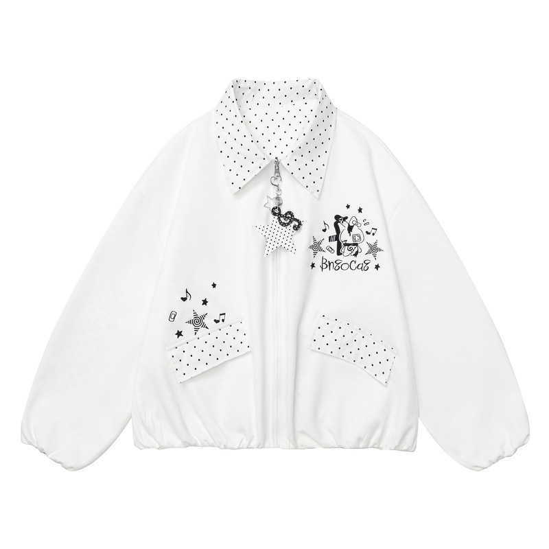 Y2K Sweet and Cool Girl Polka Dot Collar Jacket with Musical Note Fashion Embroidery and Star Pendant, Loose Short College Student Coat