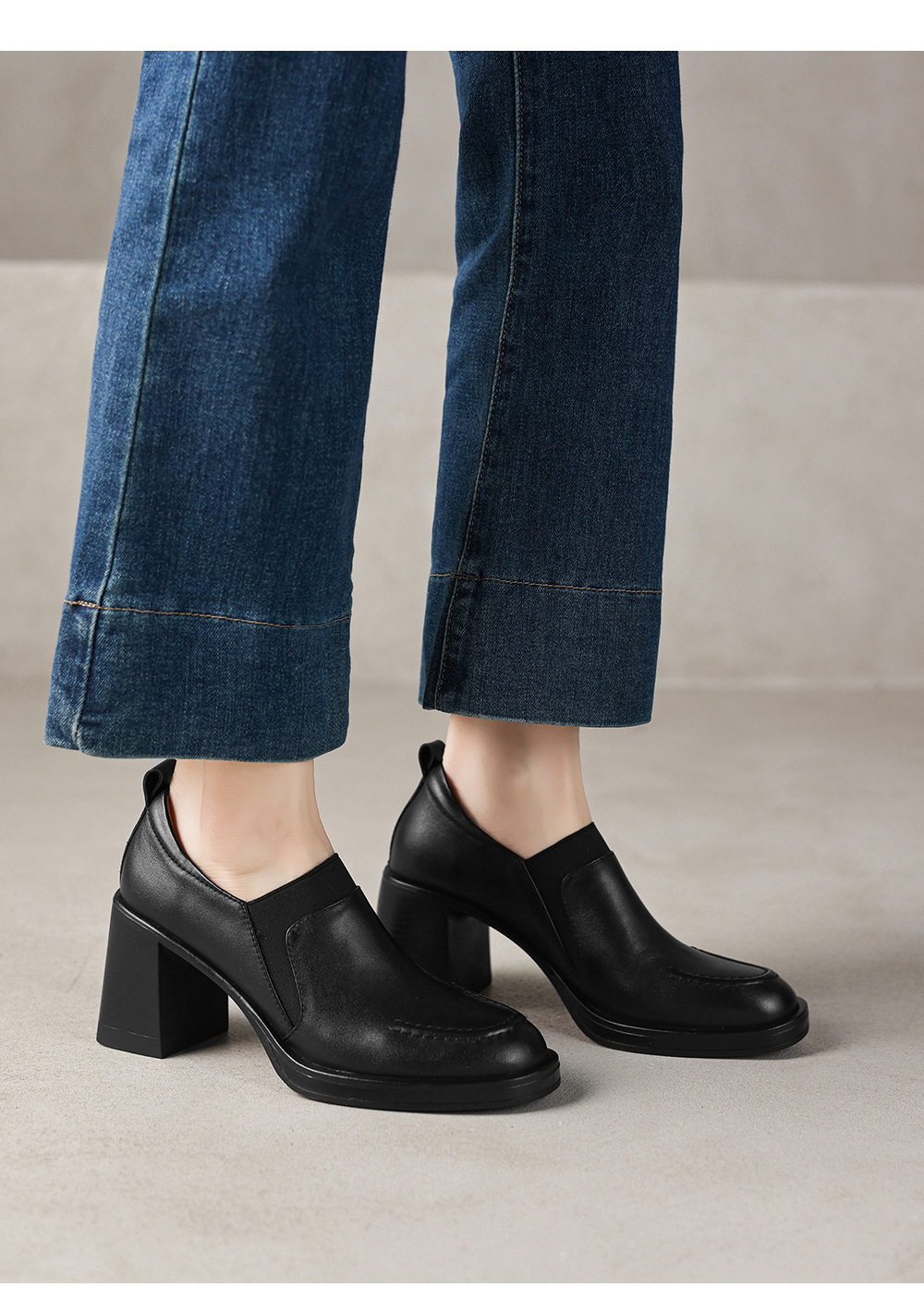 Giày cao gót nữ loafer cổ điển mũi sâu gót vuông 7.5 cm da bò thật — màu nâu chi tiết 16