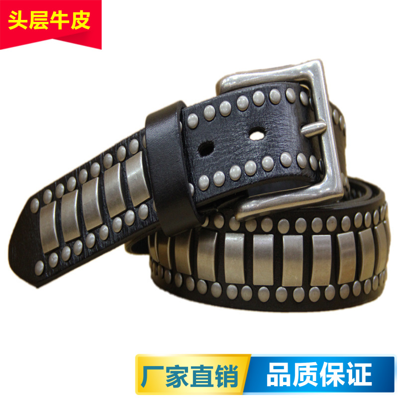 First-Layer Cowhide Rivet Belt Men's Personalized Decorative Belt Wholesale Trendy Punk Style Decoration European and American Unisex Style