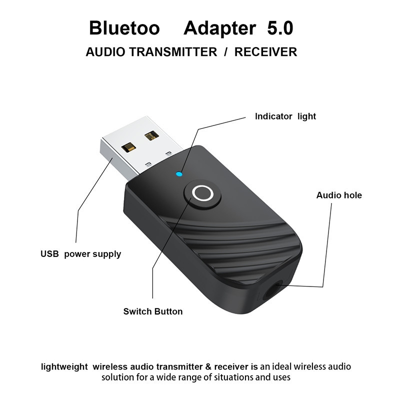 Adattatore Bluetooth 5.0 USB 2 in 1 con funzione di trasmettitore e ricevitore, adatto per l'uso in TV, computer e automobili._voghion.com