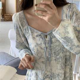 韩国ins女士秋法式秋季INS水墨印花绑带蝴蝶结双层棉纱睡裙连衣裙