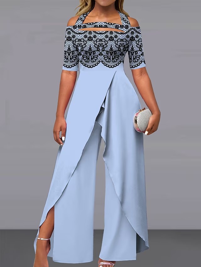 Combinaison sexy à col licou et épaules dénudées pour femmes, manches courtes, imprimée, décontractée, jambe large_voghion.com