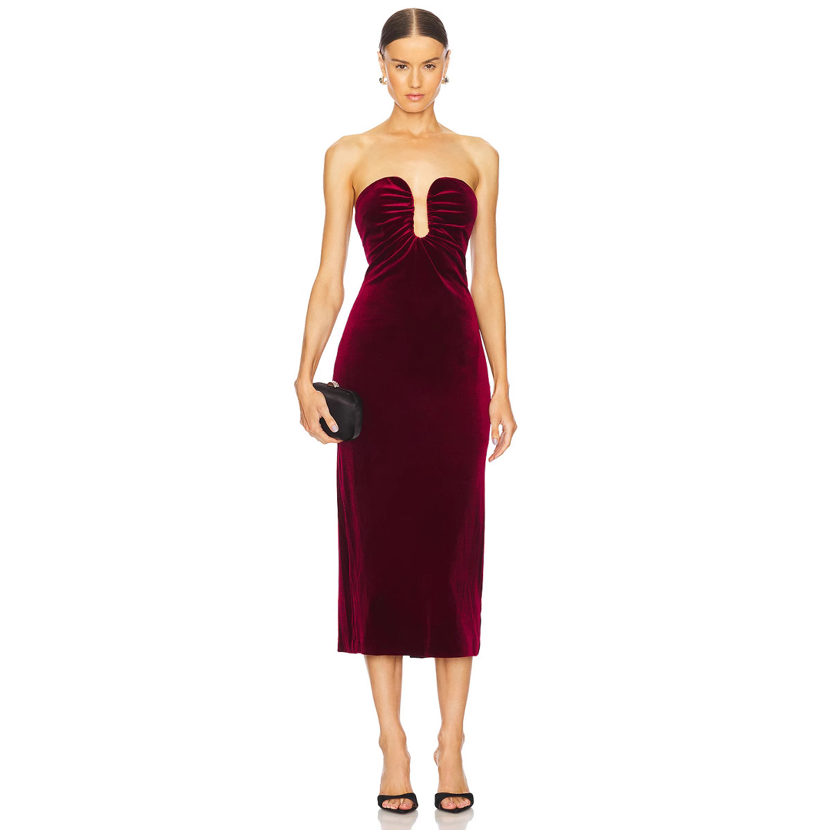 Europe and the United States cross-border new autumn and winter show temperament wine red velvet tube sexy elegant evening dress dress wholesale