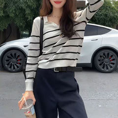 藏青色条纹polo领长袖针织衫女早秋季设计感小众翻领宽松显瘦上衣