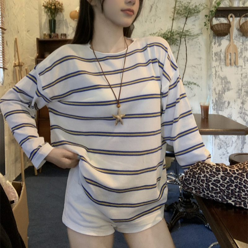 ストライプ長袖Tシャツアマゾンヨーロッパとアメリカンスタイルのクロスボーダー新しい多用途ルーズ薄手日焼け止めシャツ女性用ニットトップ|undefined