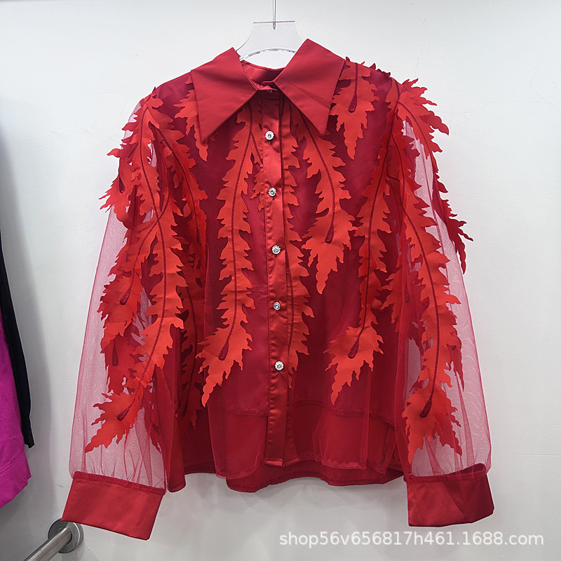 Foreign Trade European and American Style Design Lace Splicing Loose Long-Sleeved Shirt for Women, Versatile, Fashionable and Trendy Big Red Top