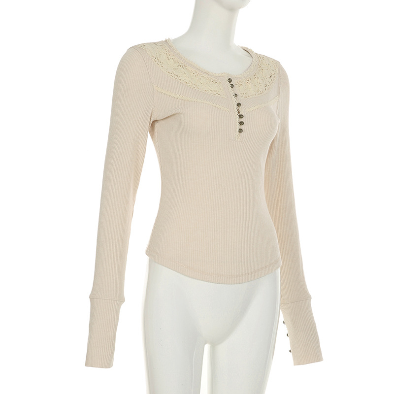 Autumn Winter Women Clothing Internet Lace Stitching Split Breasted round Neck Slim Fit Base Long Sleeve T shirt for Women