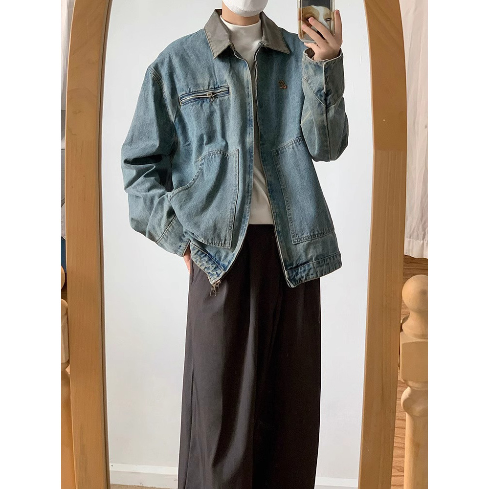 日系复古牛仔外套男生春秋季2024年新款宽松休闲水洗翻领情侣夹克