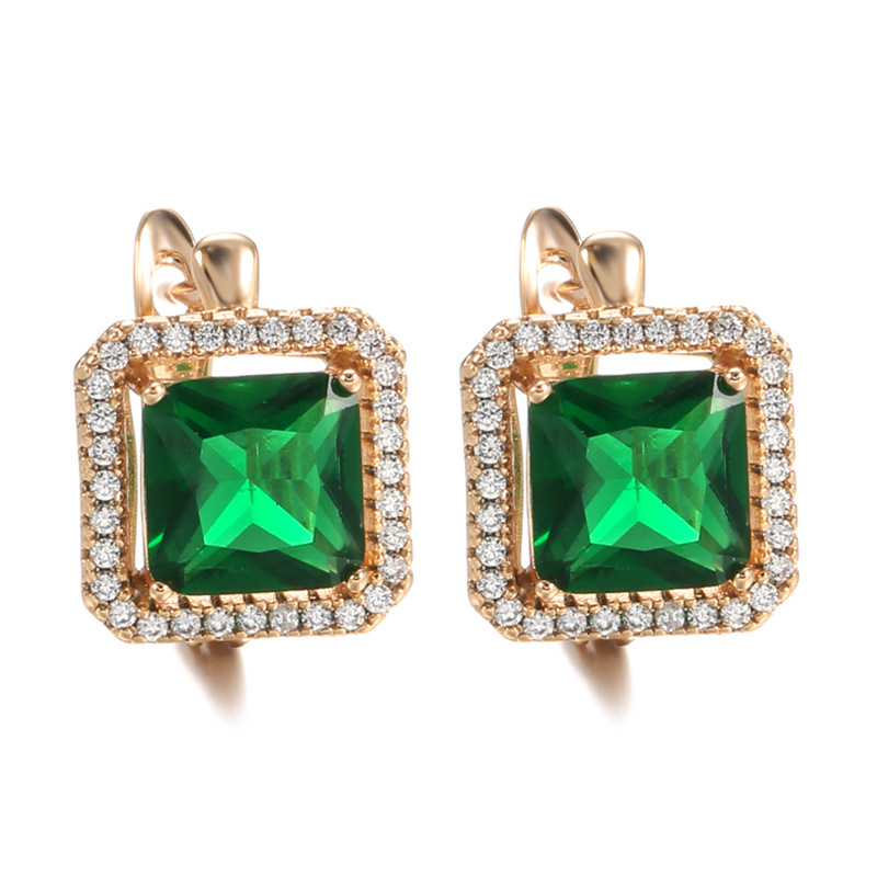 European and American fashion copper inlaid zircon earrings earrings female personality retro luxury Green Square gemstone earrings jewelry wholesale